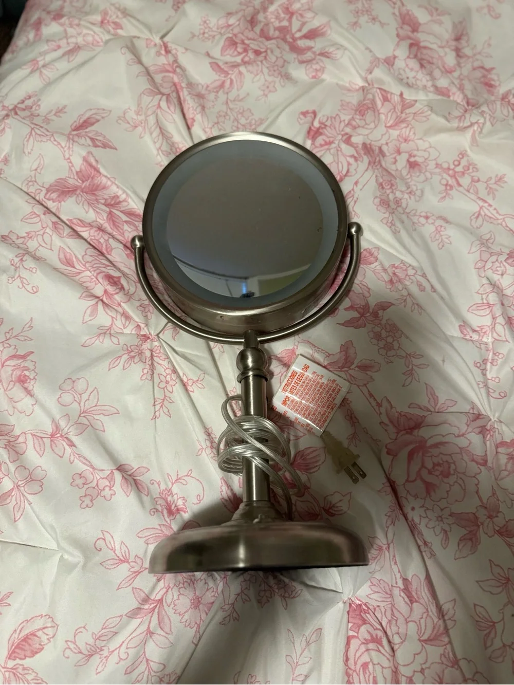 Adjustable Silver LED Vanity Mirror with Pink Accent